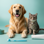 Cat and dog sitting side by side while owner holds a soft-bristled pet toothbrush and enzymatic toothpaste