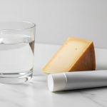 Glass of water, hard cheese wedge, and white toothpaste tube on marble surface for teeth remineralization