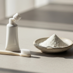 Baby toothbrush, white toothpaste tube, and mineral powder dish on grey stone surface for hydroxyapatite safety