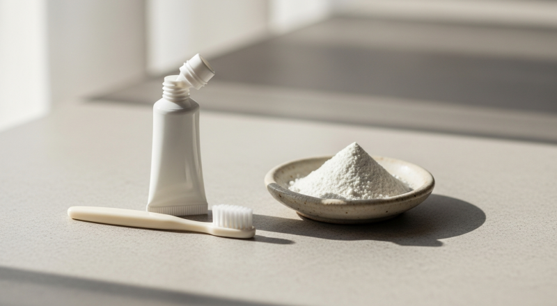 Baby toothbrush, white toothpaste tube, and mineral powder dish on grey stone surface for hydroxyapatite safety