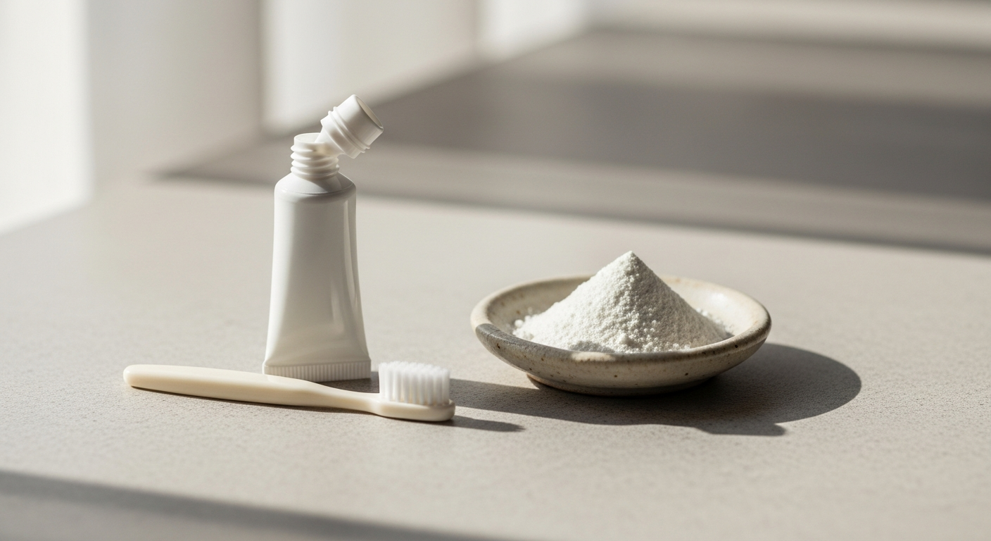 Hydroxyapatite toothpaste safety: toothbrush, toothpaste tube, and mineral powder flat lay