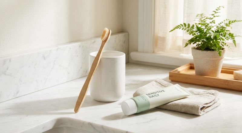 Soft-bristled toothbrush and a tube of toothpaste on a bright bathroom counter