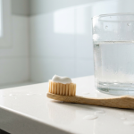 Toothbrush with a pea-sized amount of whitening toothpaste beside a glass of water on a bright bathroom counter
