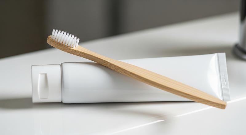 A tube of hydroxyapatite toothpaste and a toothbrush on a clean bathroom sink