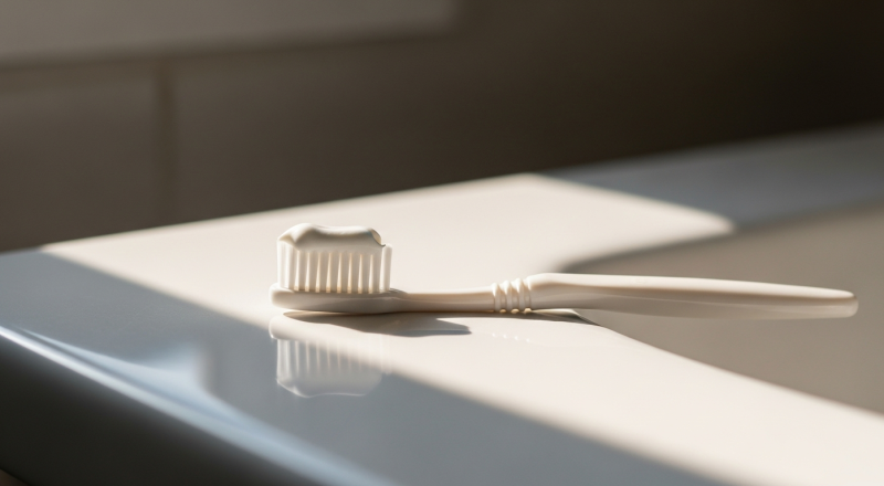 Toothbrush with a pea-sized amount of white toothpaste resting on a bathroom counter