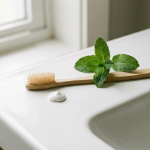 Fluoride-free toothpaste on a brush beside fresh mint on a bathroom counter