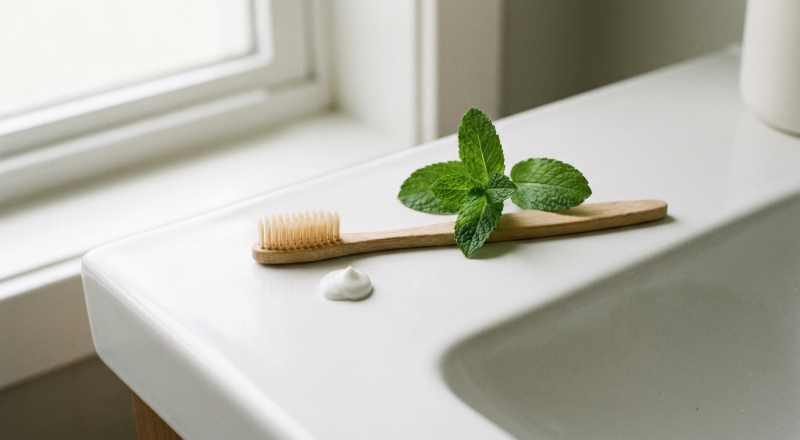 Fluoride-free toothpaste on a brush beside fresh mint on a bathroom counter