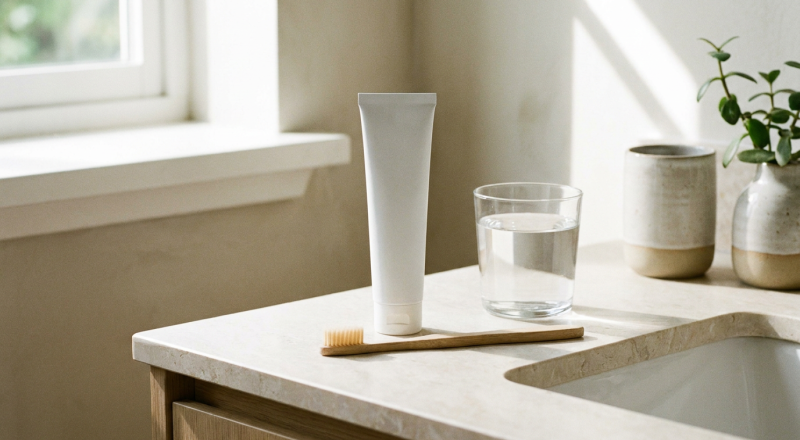 Fluoride-free toothpaste tube and soft toothbrush on a bright bathroom counter