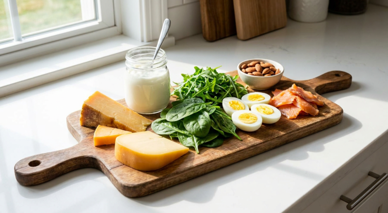 foods that remineralize teeth - cheese, greens, eggs, nuts and fish on a board