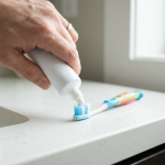 Adult hand placing a pea-sized amount of toothpaste on a child's toothbrush showing how much toothpaste for kids