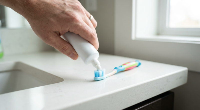 Adult hand placing a pea-sized amount of toothpaste on a child's toothbrush showing how much toothpaste for kids