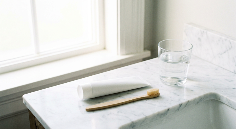 Remineralizing toothpaste tube and toothbrush on a bathroom counter