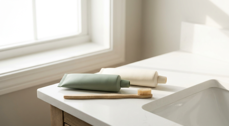 Two toothpaste tubes and a toothbrush on a bathroom counter for a fluoride-free switch