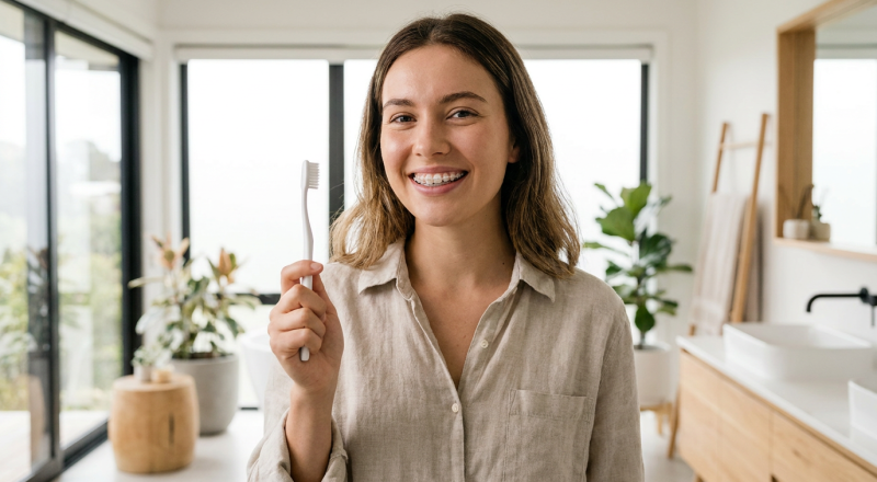 Person with clear dental braces holding a white toothbrush in a bright bathroom