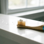 Child-sized toothbrush with a pea-size dab of toothpaste on a bright bathroom counter
