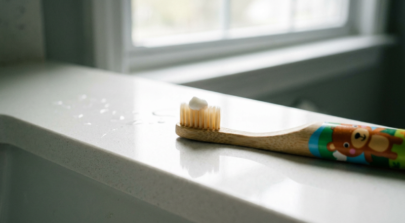 Child-sized toothbrush with a pea-size dab of toothpaste on a bright bathroom counter