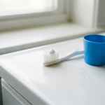 Child sized toothbrush with a pea sized dot of toothpaste beside a rinsing cup, illustrating what to do when a kid swallowed toothpaste