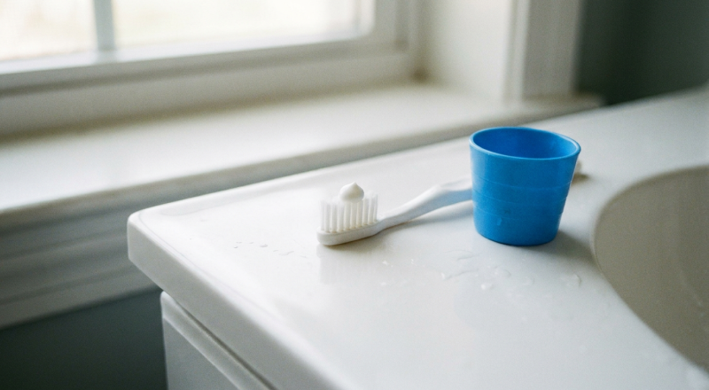 Child sized toothbrush with a pea sized dot of toothpaste beside a rinsing cup, illustrating what to do when a kid swallowed toothpaste