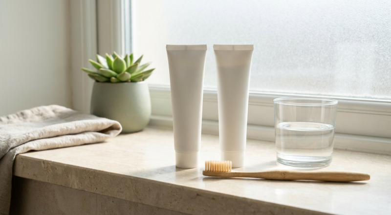 Two white toothpaste tubes and a bamboo toothbrush on a bright bathroom counter