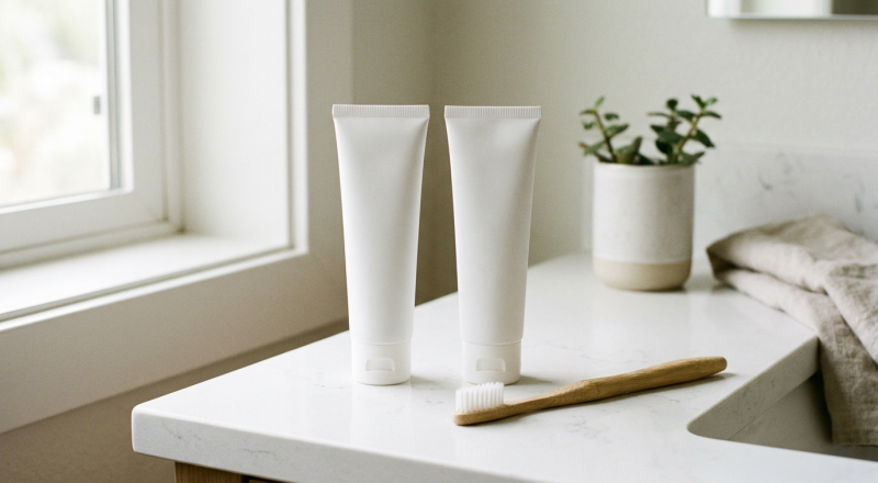 two toothpaste tubes side by side representing remineralizing and regular toothpaste on a bathroom counter