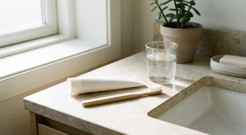 SLS-free toothpaste tube and toothbrush on a bright bathroom counter