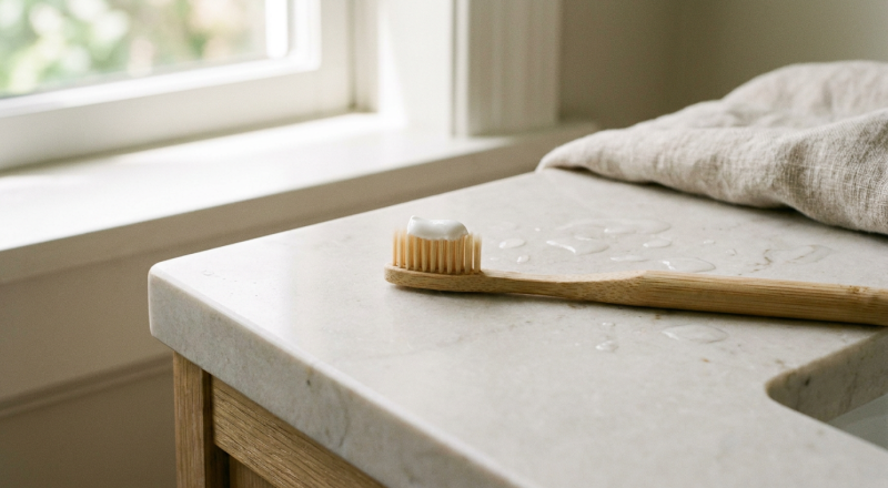 Soft-bristle toothbrush with a dab of white toothpaste on a clean bathroom counter