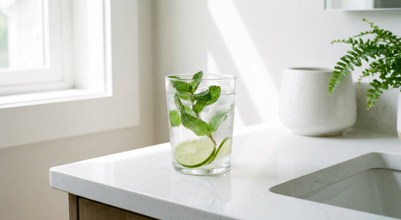Glass of iced water on a clean bathroom counter illustrating cold tooth sensitivity