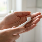 When do babies need toothpaste: a parent holding a small soft baby toothbrush with a rice-grain smear of paste
