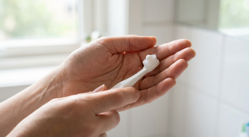 When do babies need toothpaste: a parent holding a small soft baby toothbrush with a rice-grain smear of paste