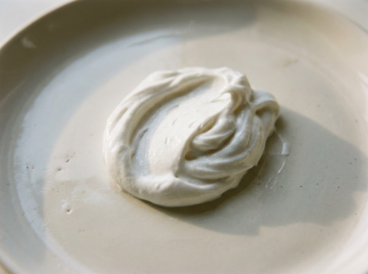 Close-up swirl of thick white toothpaste on a smooth pale ceramic surface