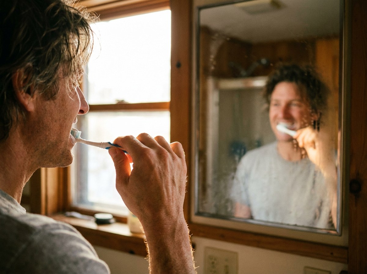 Adult brushing their teeth in front of a bathroom mirror in warm morning light