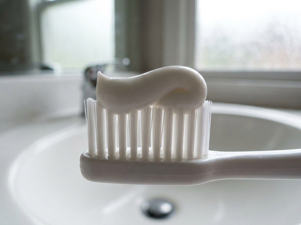 Close-up of a ribbon of white toothpaste on the bristles of a plain white toothbrush