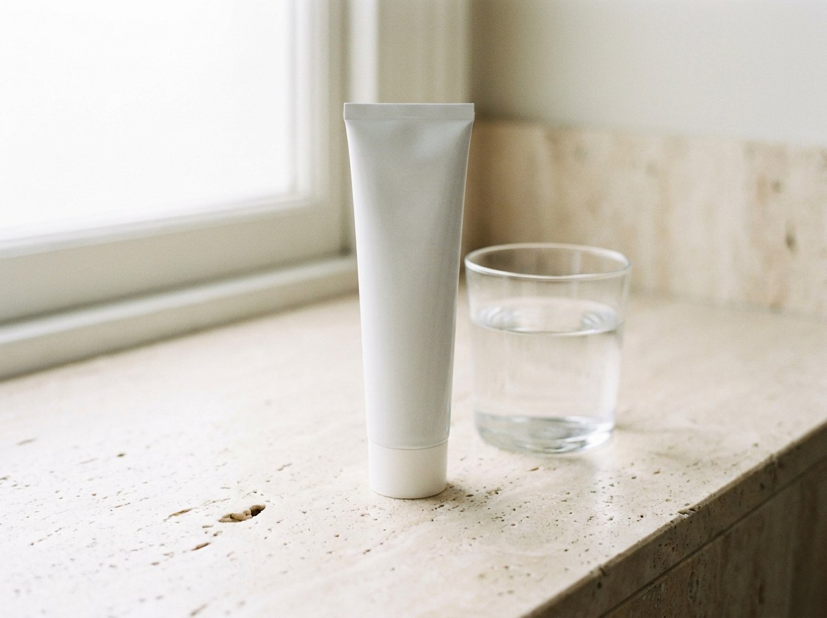 Plain white toothpaste tube standing on a pale stone bathroom counter beside a glass of water