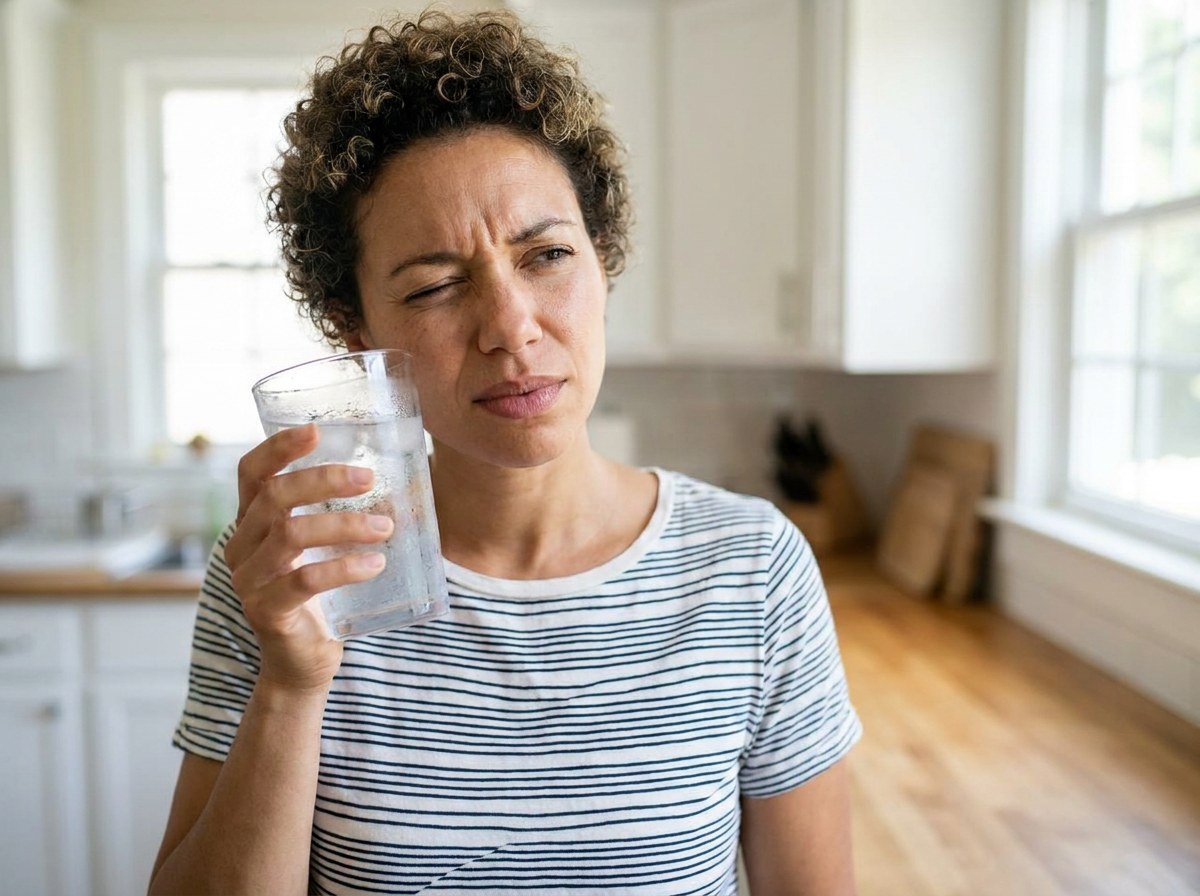Person holding a glass of iced water and touching their cheek with a pained expression