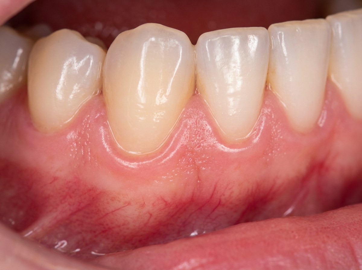 Extreme close-up of a healthy gum line meeting the base of the front teeth