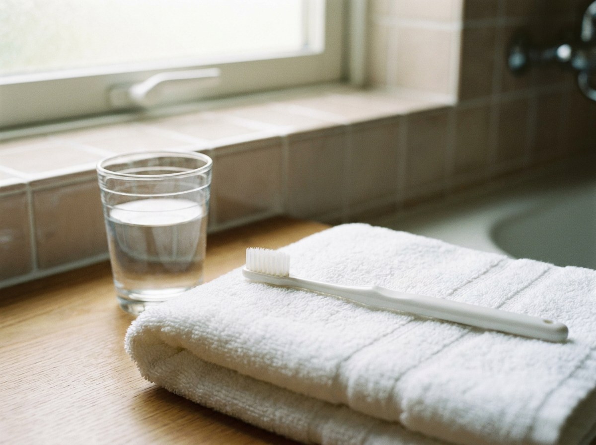 Soft-bristled white toothbrush resting on a folded white towel beside a glass of water