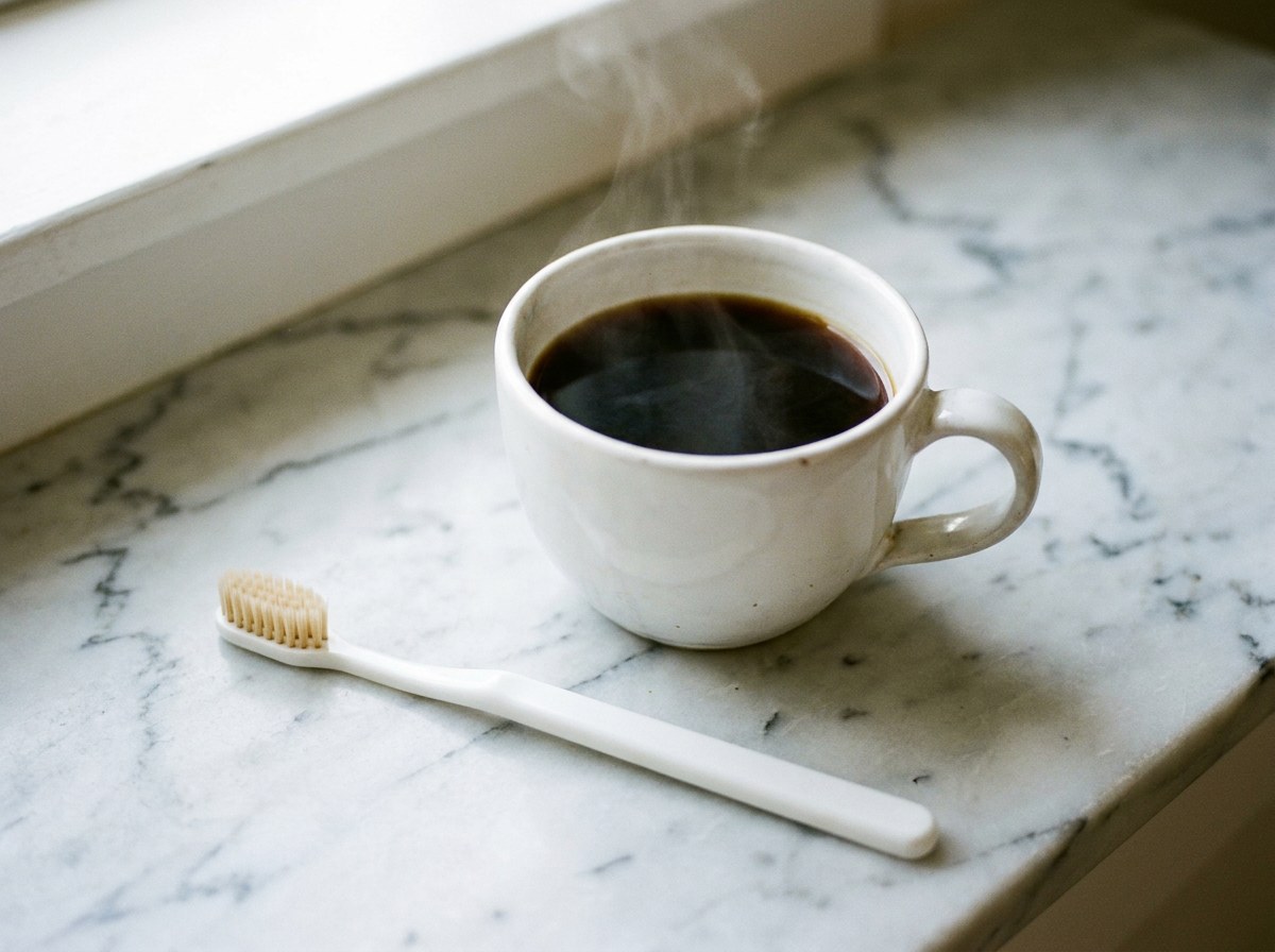 White ceramic cup of black coffee beside a clean white toothbrush on a pale marble counter