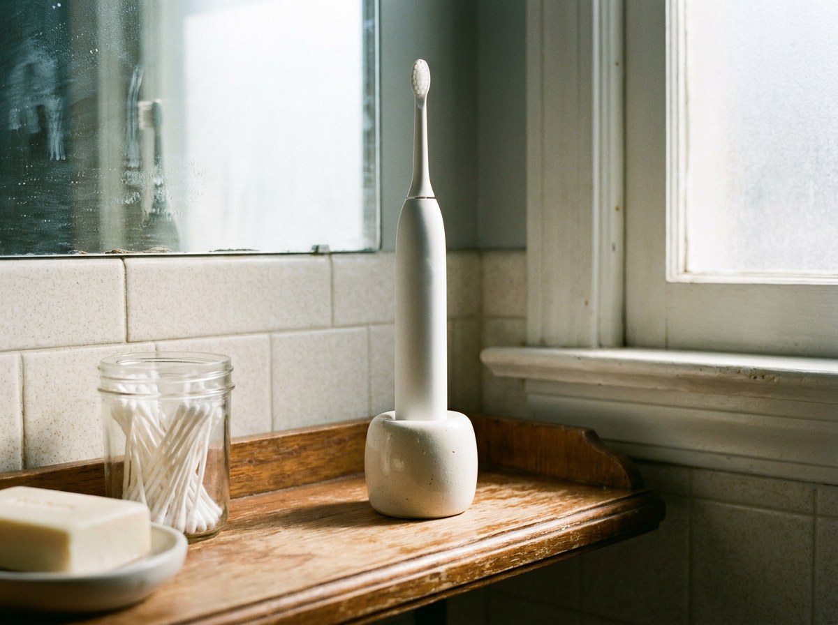 Plain white electric toothbrush standing in a holder on a bathroom shelf