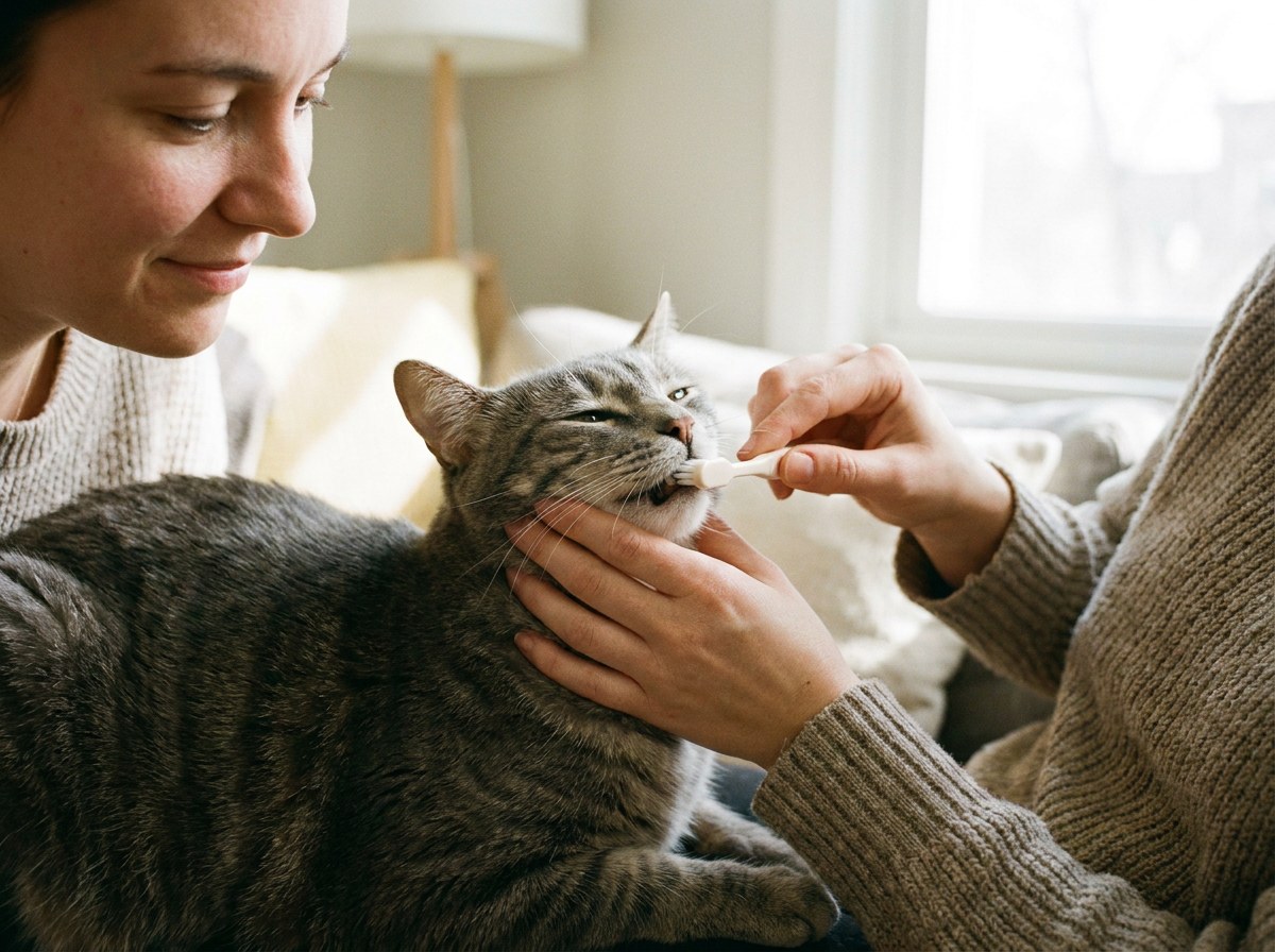 Person gently brushing a calm grey tabby cat's teeth with a small soft toothbrush