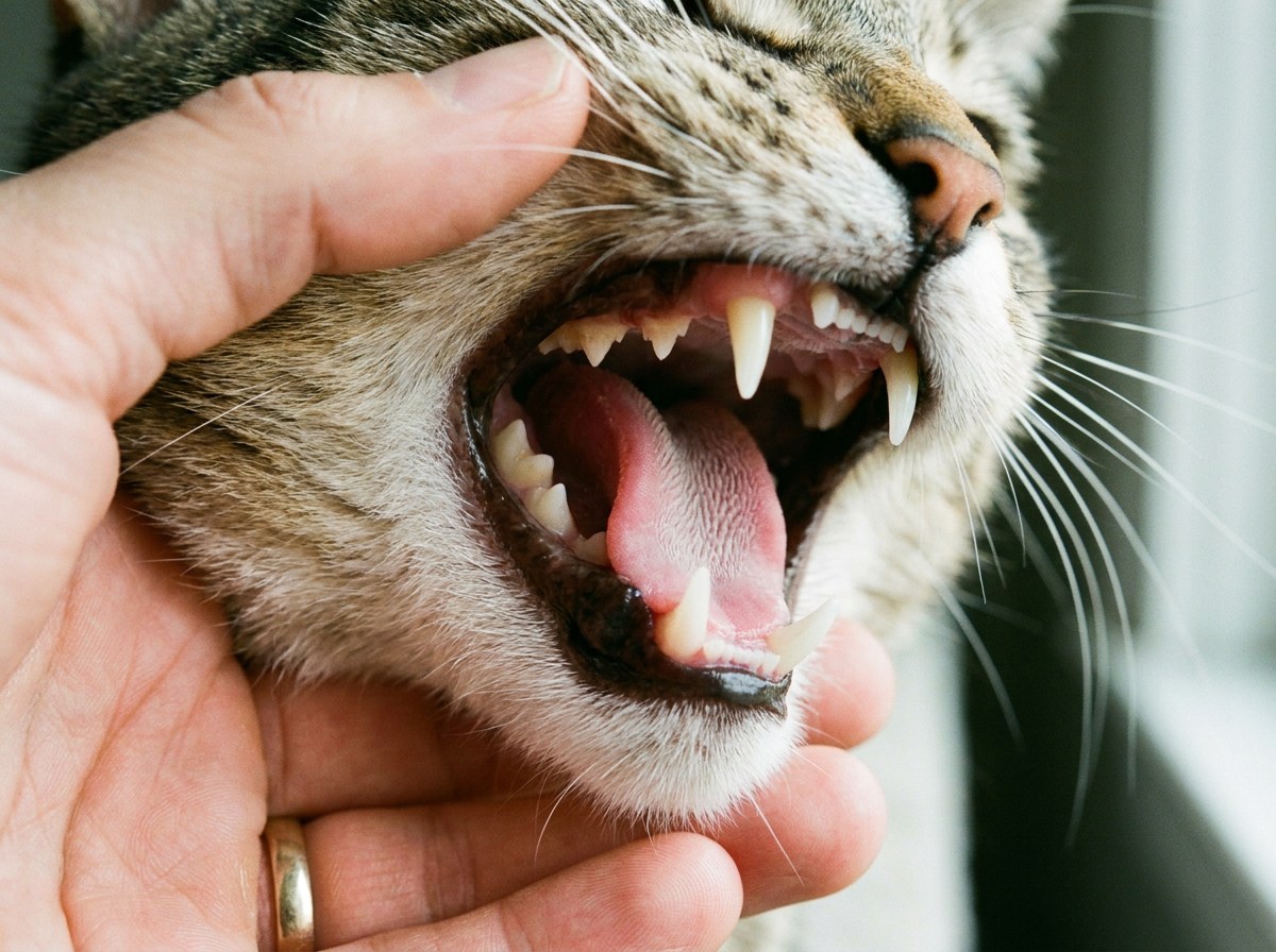 Close-up of a cat's open mouth showing clean white teeth and healthy pink gums