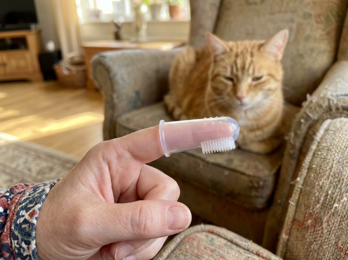Close-up of a soft finger toothbrush being fitted onto a person's index finger with a cat behind
