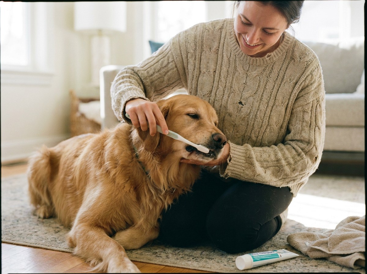 Person brushing a golden retriever's teeth with a long-handled soft toothbrush