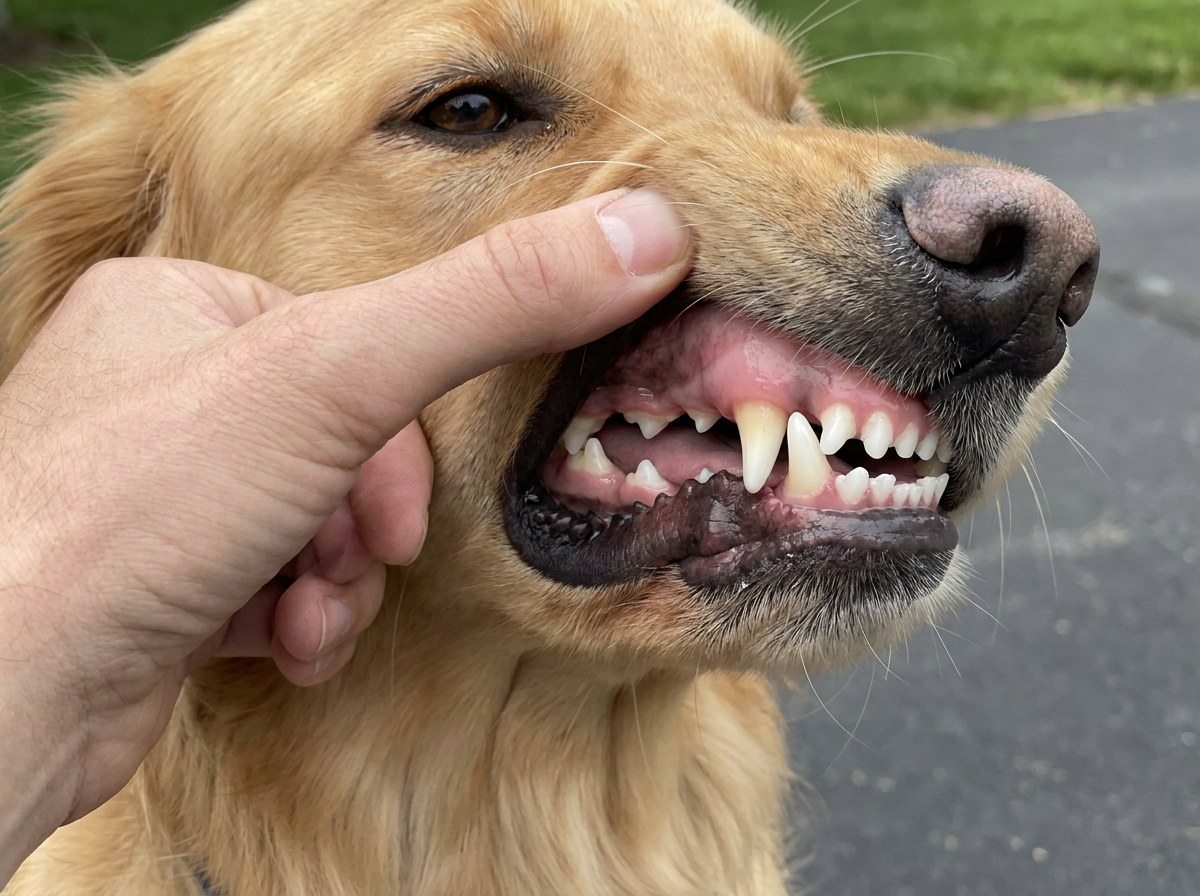 Close-up of a dog's teeth and healthy pink gums with the lip lifted gently by a hand