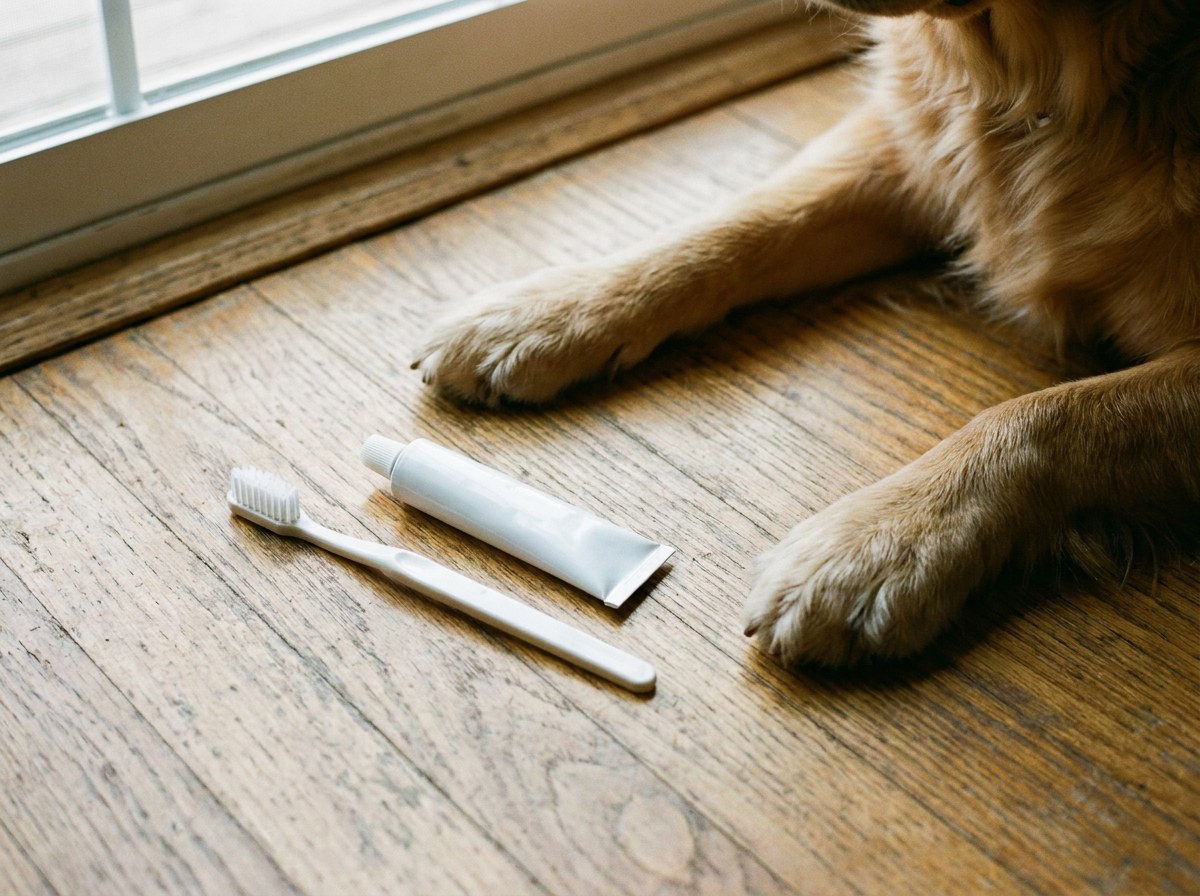 Plain dog toothbrush and a small unmarked tube lying on a wooden floor beside a dog's paws