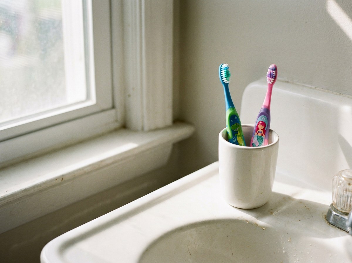 Two small colourful children's toothbrushes standing in a white ceramic cup on a bathroom sink