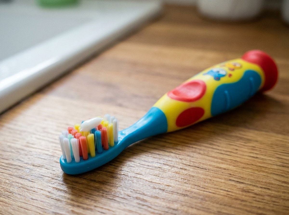 Close-up of a small toddler toothbrush with a tiny rice-grain smear of white paste on the bristles