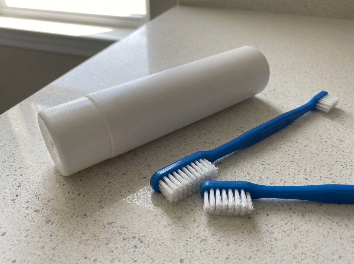 Plain unmarked pet toothpaste tube lying beside a dual-headed pet toothbrush on a clean counter