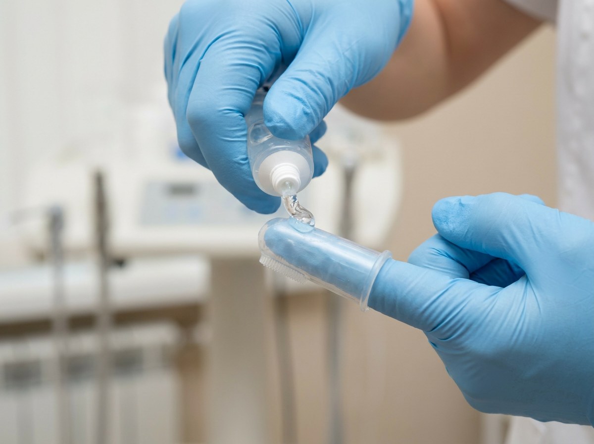 Gloved hand squeezing clear gel onto a soft rubber finger brush against a neutral background
