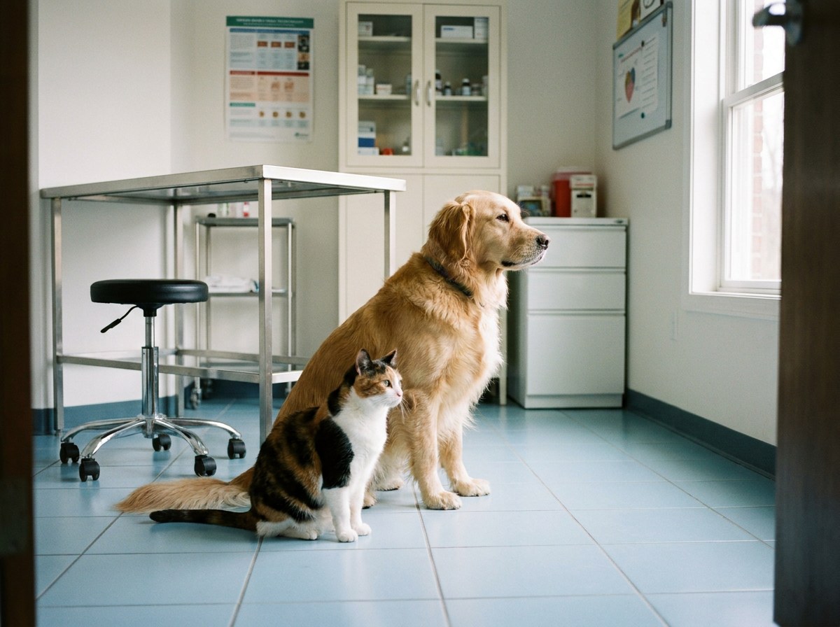 Calm dog and calm cat sitting side by side on a clean tiled floor in a veterinary consulting room