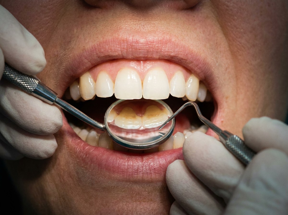 Close-up of an adult's front teeth being examined with a small round dental mirror